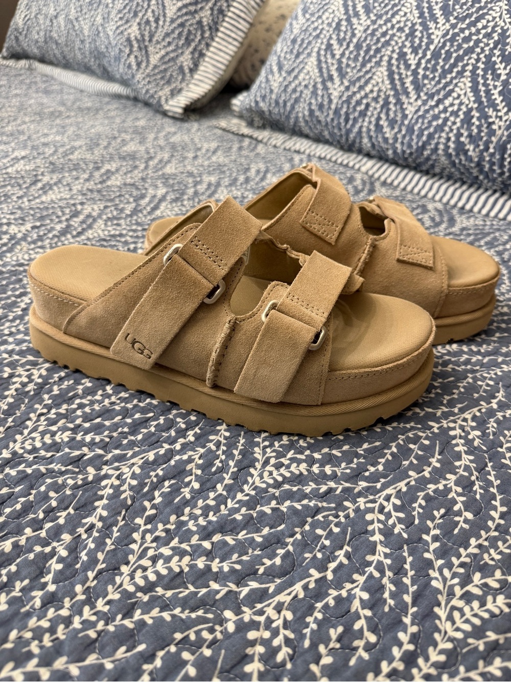 UGG Women's Tan Suede Double-Strap Platform Sandals Size 10